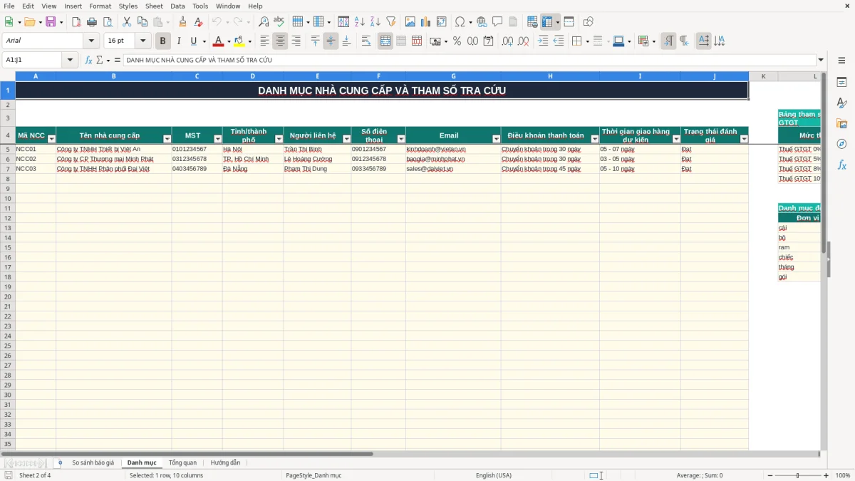 Ảnh chụp màn hình 2: tab Danh mục - Mẫu Excel mẫu bảng so sánh báo giá nhà cung cấp excel