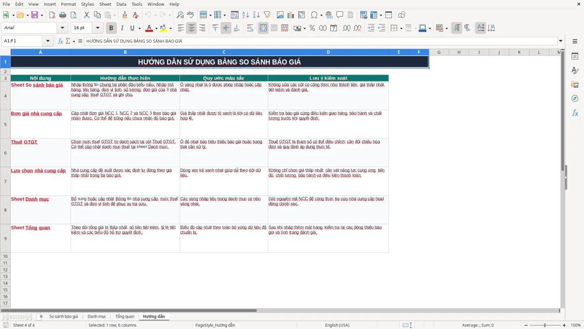 Ảnh chụp màn hình 4: tab Hướng dẫn - Mẫu Excel mẫu bảng so sánh báo giá nhà cung cấp excel
