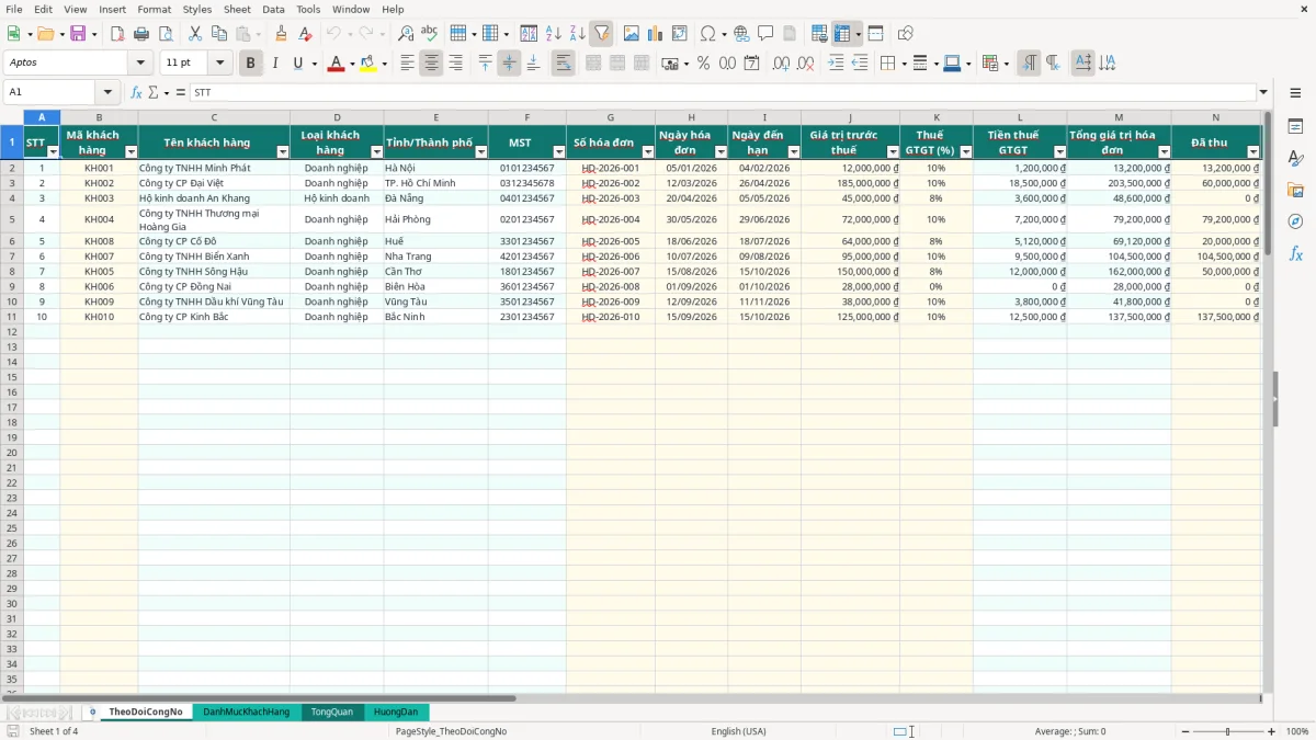 Ảnh chụp màn hình 1: tab TheoDoiCongNo - Mẫu Excel mẫu bảng theo dõi công nợ khách hàng excel