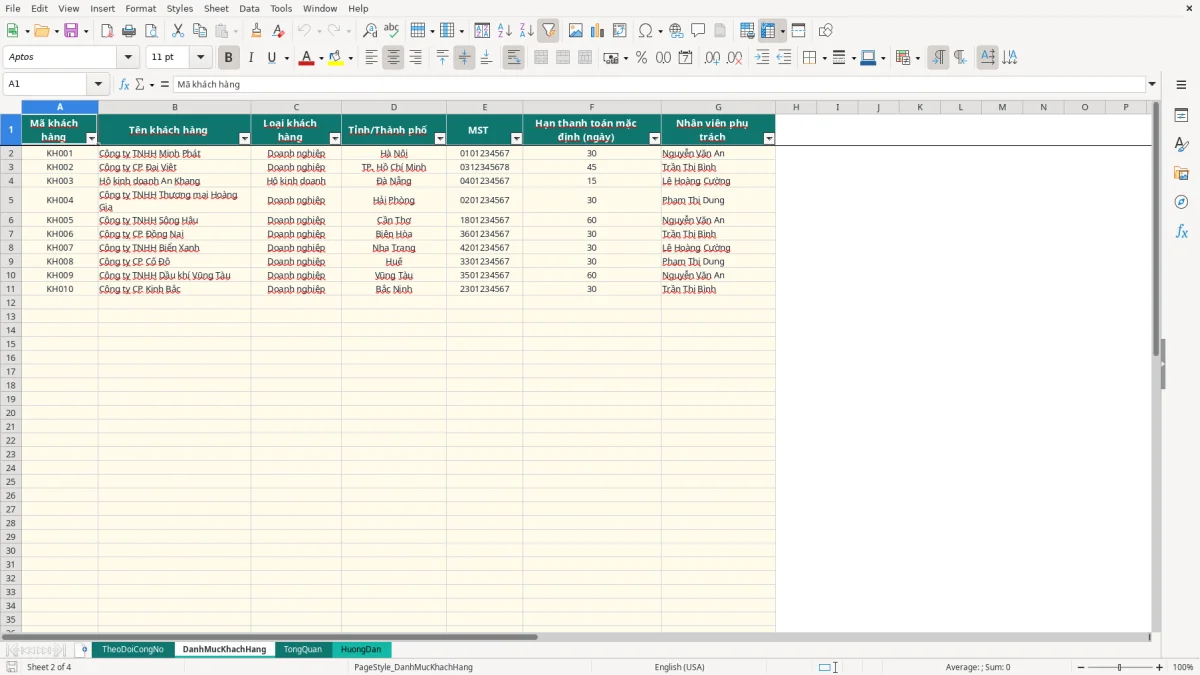 Ảnh chụp màn hình 2: tab DanhMucKhachHang - Mẫu Excel mẫu bảng theo dõi công nợ khách hàng excel