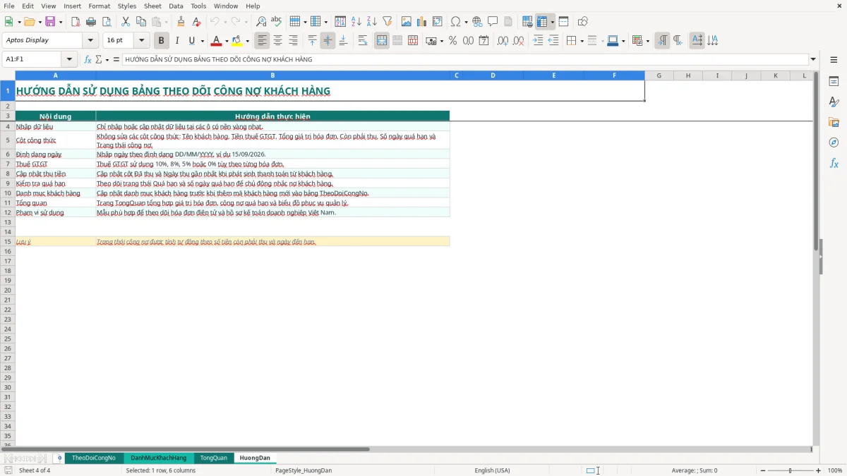Ảnh chụp màn hình 4: tab HuongDan - Mẫu Excel mẫu bảng theo dõi công nợ khách hàng excel