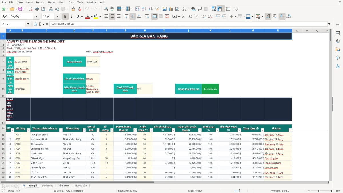 Ảnh chụp màn hình 1: tab Báo giá - Mẫu Excel mẫu báo giá bán hàng excel