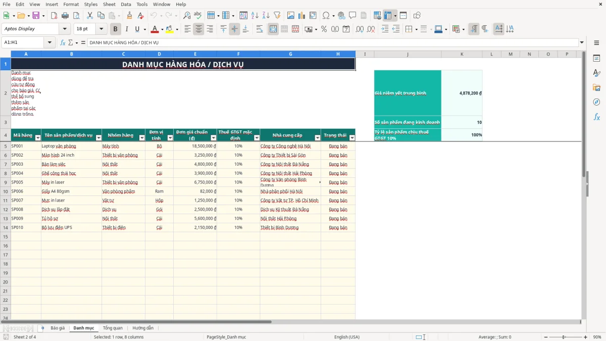Ảnh chụp màn hình 2: tab Danh mục - Mẫu Excel mẫu báo giá bán hàng excel