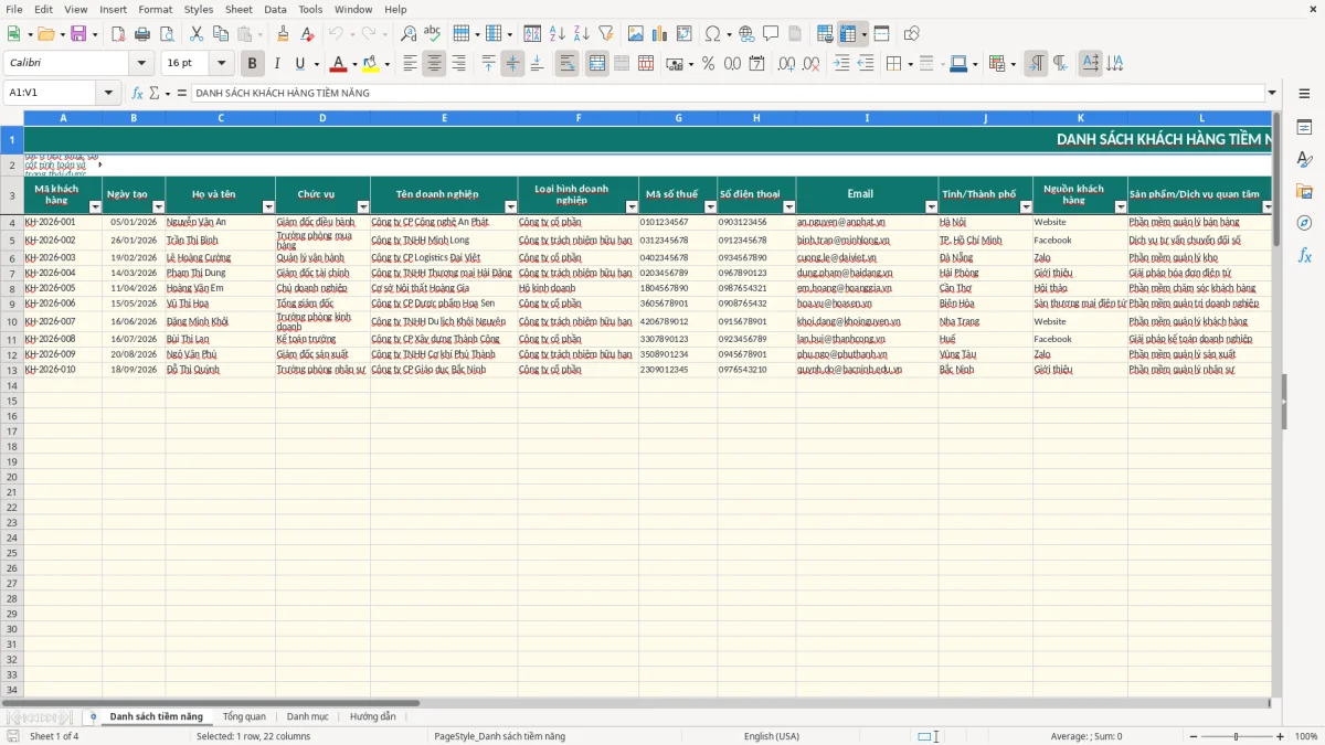Ảnh chụp màn hình 1: tab Danh sách tiềm năng - Mẫu Excel mẫu danh sách khách hàng tiềm năng excel