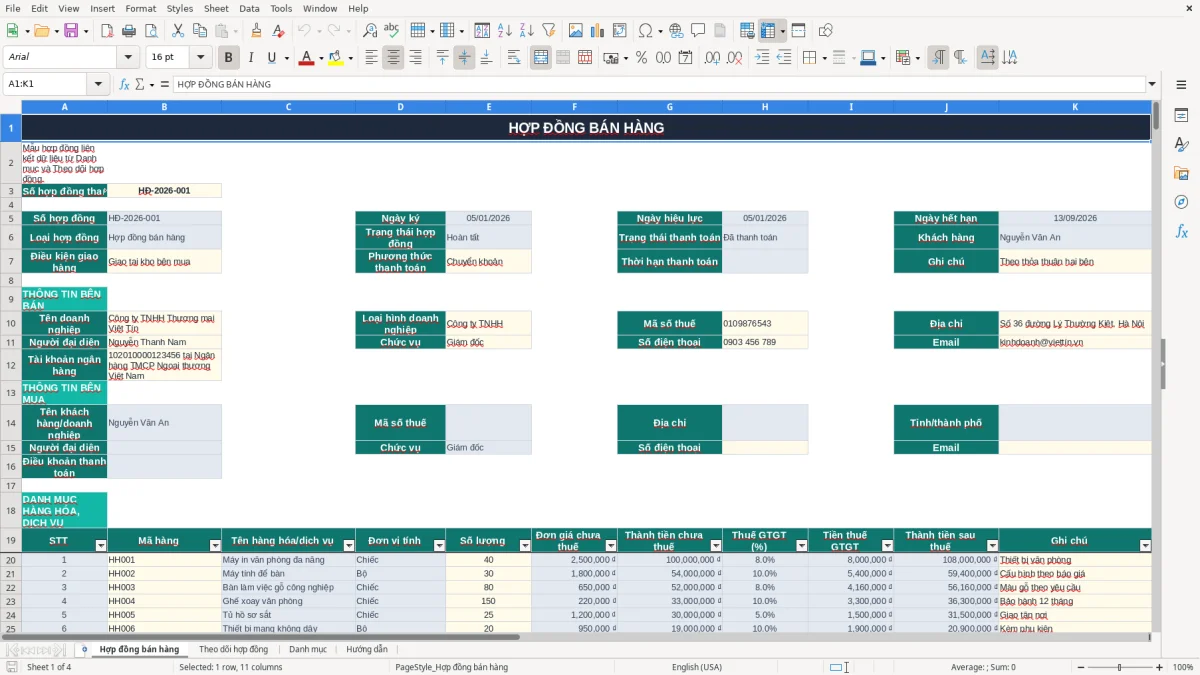 Ảnh chụp màn hình 1: tab Hợp đồng bán hàng - Mẫu Excel mẫu hợp đồng bán hàng excel