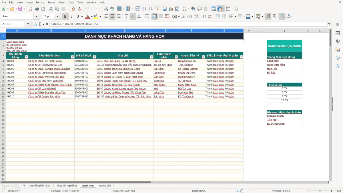 Ảnh chụp màn hình 3: tab Danh mục - Mẫu Excel mẫu hợp đồng bán hàng excel