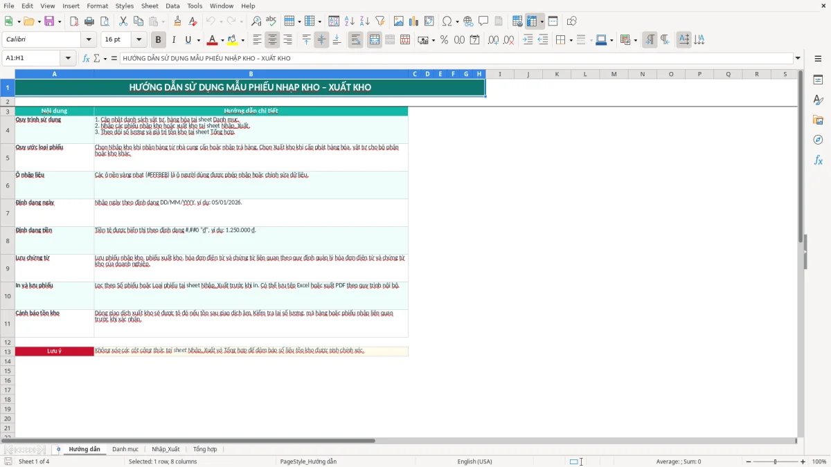 Ảnh chụp màn hình 1: tab Hướng dẫn - Mẫu Excel mẫu phiếu nhập kho xuất kho excel