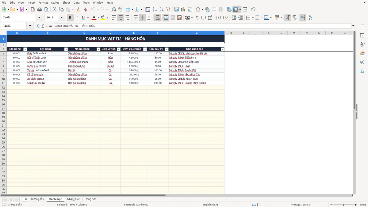 Ảnh chụp màn hình 2: tab Danh mục - Mẫu Excel mẫu phiếu nhập kho xuất kho excel