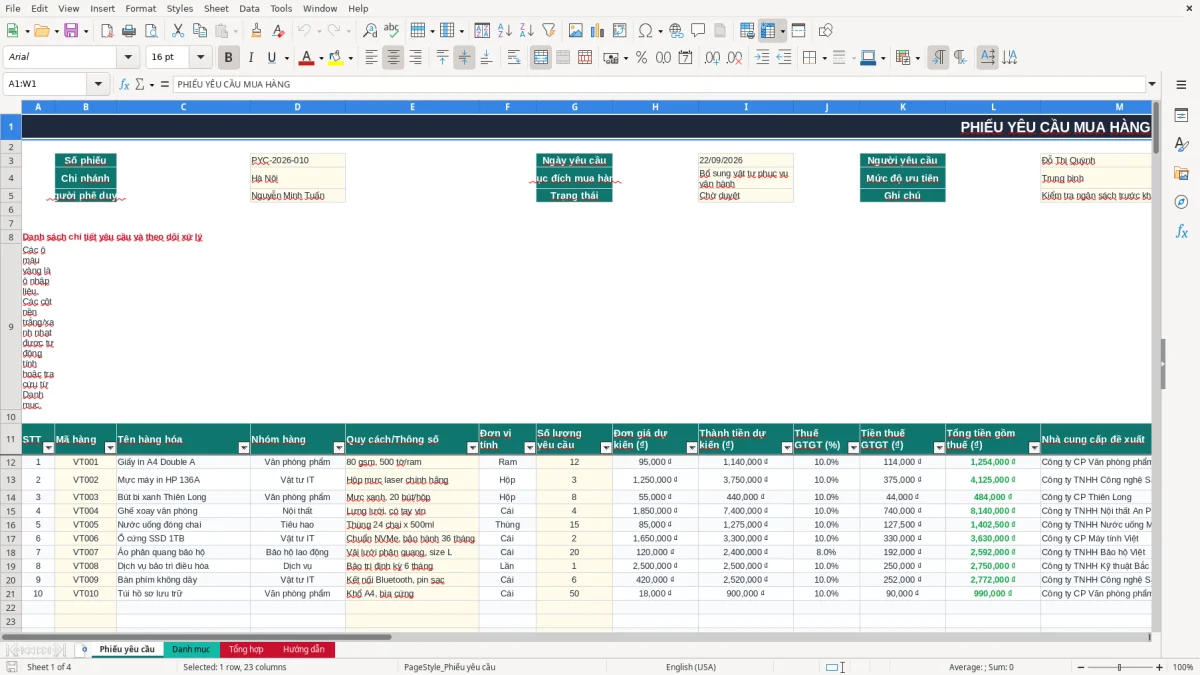 Ảnh chụp màn hình 1: tab Phiếu yêu cầu - Mẫu Excel mẫu phiếu yêu cầu mua hàng excel