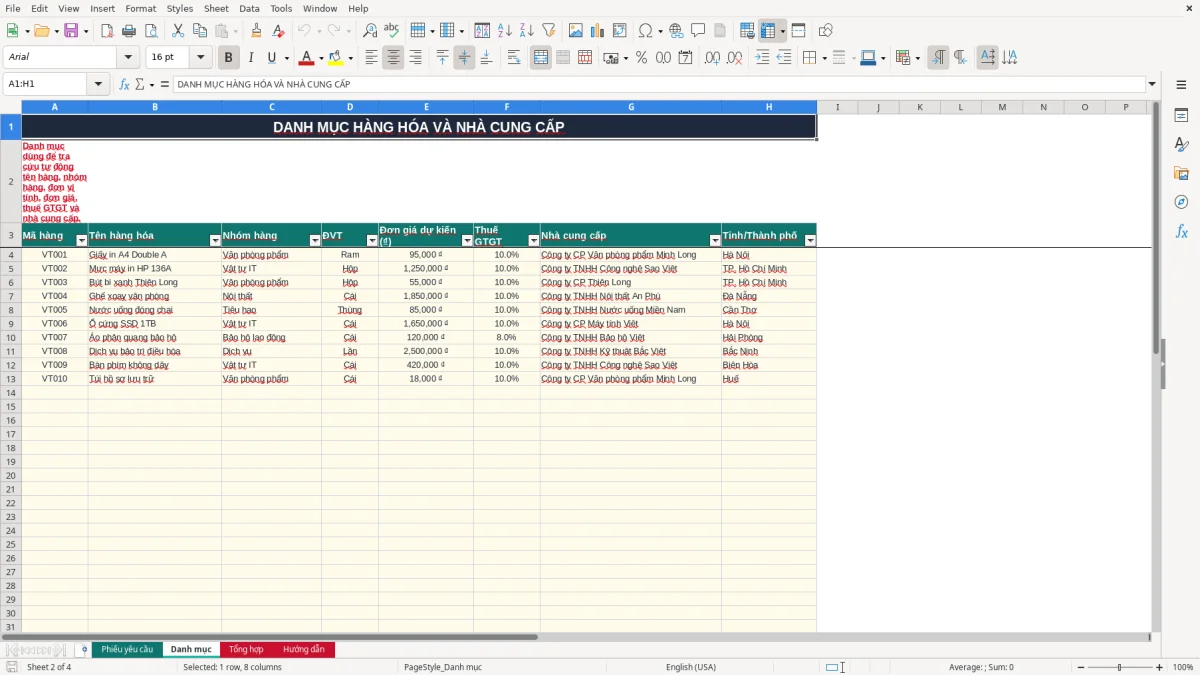 Ảnh chụp màn hình 2: tab Danh mục - Mẫu Excel mẫu phiếu yêu cầu mua hàng excel