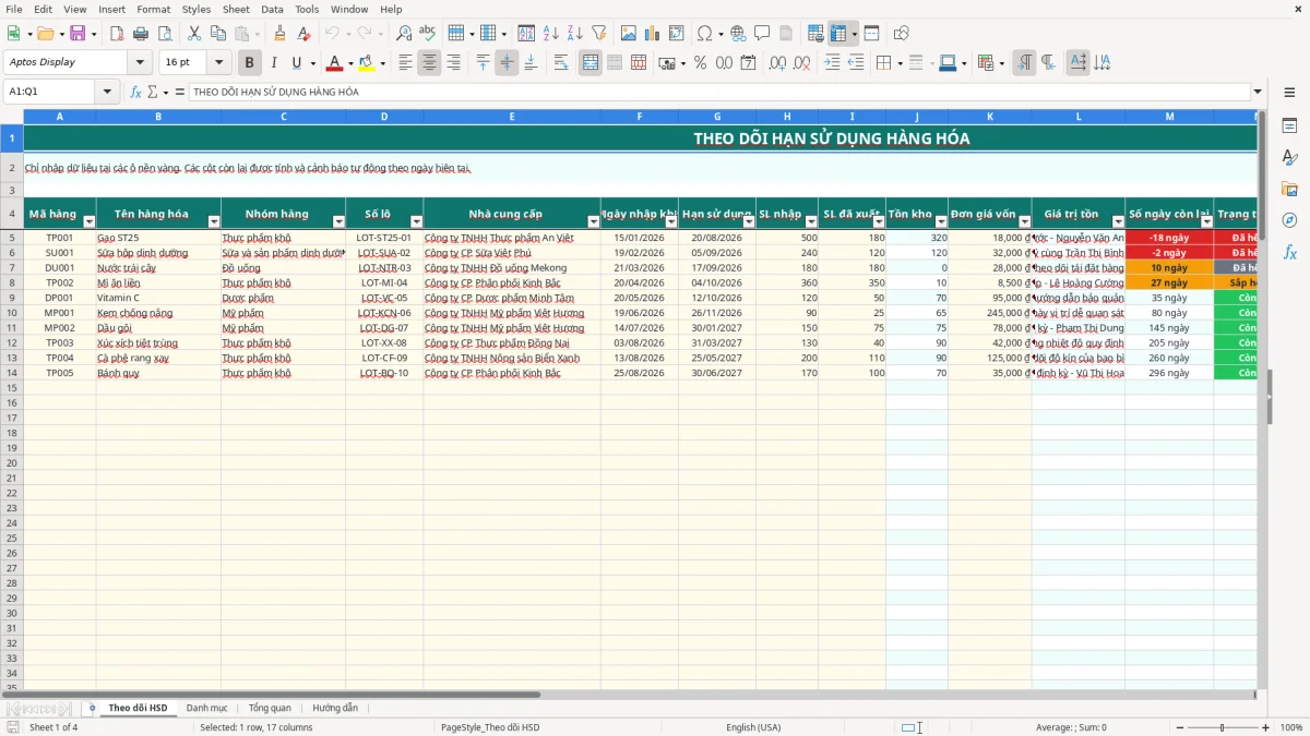 Ảnh chụp màn hình 1: tab Theo dõi HSD - Mẫu Excel mẫu theo dõi hạn sử dụng hàng hóa excel