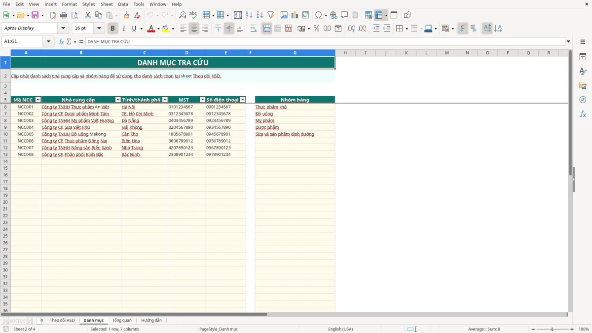 Ảnh chụp màn hình 2: tab Danh mục - Mẫu Excel mẫu theo dõi hạn sử dụng hàng hóa excel