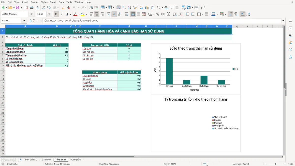 Ảnh chụp màn hình 3: tab Tổng quan - Mẫu Excel mẫu theo dõi hạn sử dụng hàng hóa excel